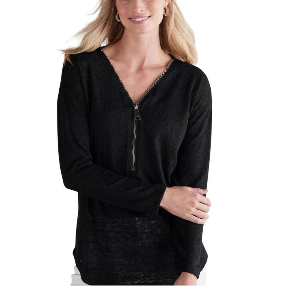 Soft Surroundings Women's Valentina V-Neck Half Zip Knit Sweater Black 1X NWT